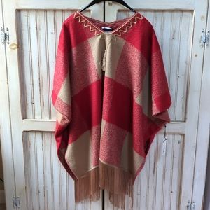 Adam Lippes for Target, orangy/red and tan buffalo checked fringed ponch…